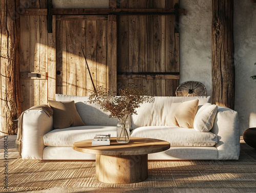 Elegant Conceptualization of Minimalist Scandinavian Home Interior with a Cozy Loveseat Sofa and Round Accent Coffee Table, Featuring Modern Living Room Design Elements in a Farmhouse Setting photo