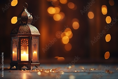 Arabic lantern of Ramadan Kareem celebration night beautiful background with a shining Hanging lantern Fanus light. Muslim feast of the holy month of Ramadan Kareem banner free space for your text Gen