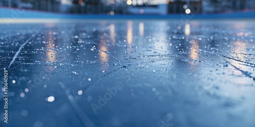 A close up view of a wet surface with a building in the background. This image can be used to depict a rainy day or to symbolize urban life