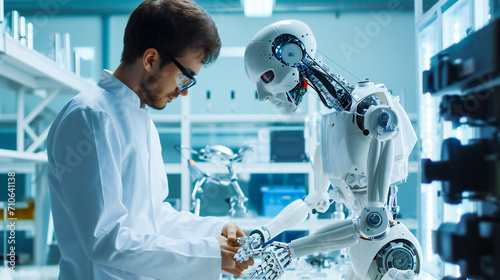 A white humanoid robot being fine tuned by an engineer photo