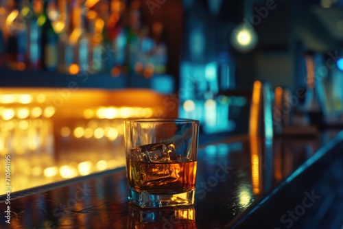 A glass of whiskey placed on top of a bar counter. Suitable for bar and nightlife themes