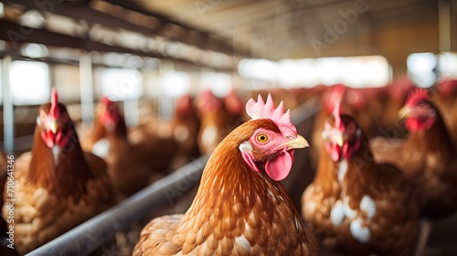 Chicken farm. Egg-laying chicken in battery cages. Commercial hens poultry farming. Layer hens livestock farm. Intensive poultry farming in close systems. Egg production. Chicken feed for laying hens. photo