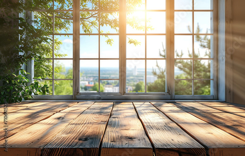 Empty wooden table and window room interior decoration background  product montage display can be used for display or montage your products.Mock up for display of product.