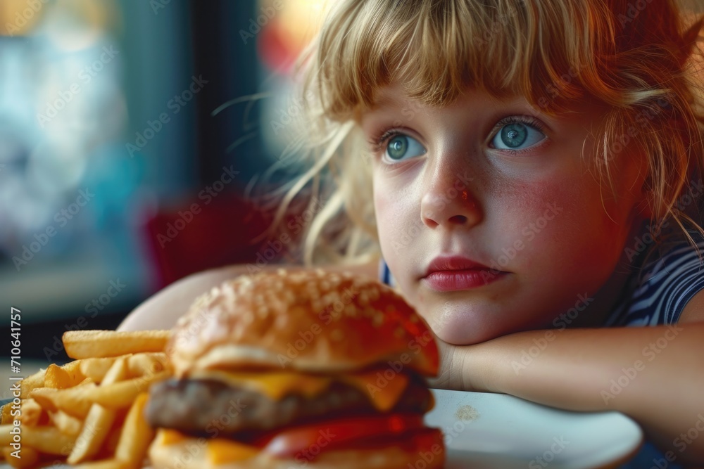 A little girl sitting at a table with a hamburger and fries. Suitable for food-related projects A little girl sitting at a table with a hamburger and fries. Suitable for food-related projects