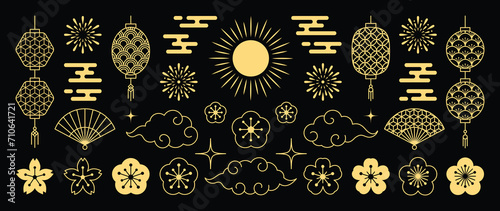 Chinese New Year Icons vector set. Cherry blossom flower, fan, firework, hanging lantern,cloud isolated icon of Asian Lunar New Year holiday decoration vector. Oriental culture tradition illustration.