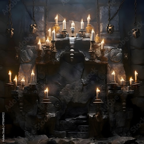 Large stone candle holder with lit candles on a dark, isolated background. Hanukkah as a traditional Jewish holiday.