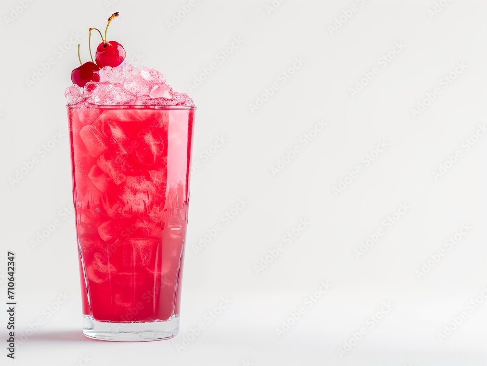 Design mockup. A bright red cherryade, cherries on top, served in a highball glass, on a white background. Generative AI Design mockup. A bright red cherryade, cherries on top, served in a highball glass, on a white background. Generative AI