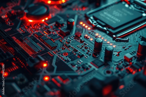 A detailed view of a computer motherboard with vibrant red lights. Perfect for technology-related projects and designs