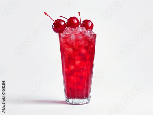 Design mockup. A bright red cherryade, cherries on top, served in a highball glass, on a white background. Generative AI