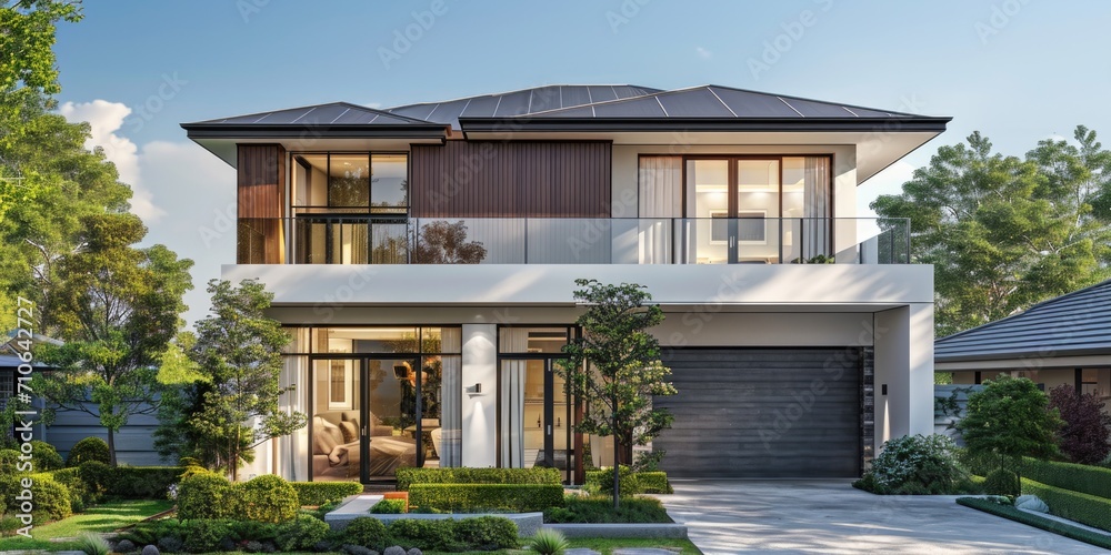 Fototapeta premium A house with a garage and a balcony on the front. Suitable for real estate or architectural concepts