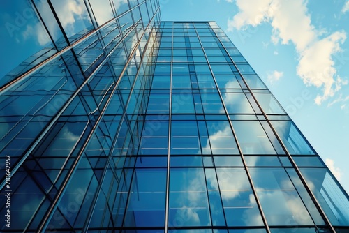 A tall glass building with a clear blue sky in the background. Perfect for architectural and urban design concepts