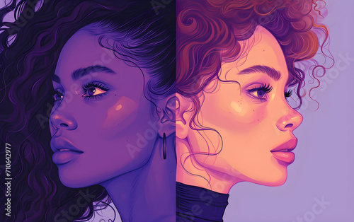 Illustration of two women of different ethnicity in purple colors for women's history month