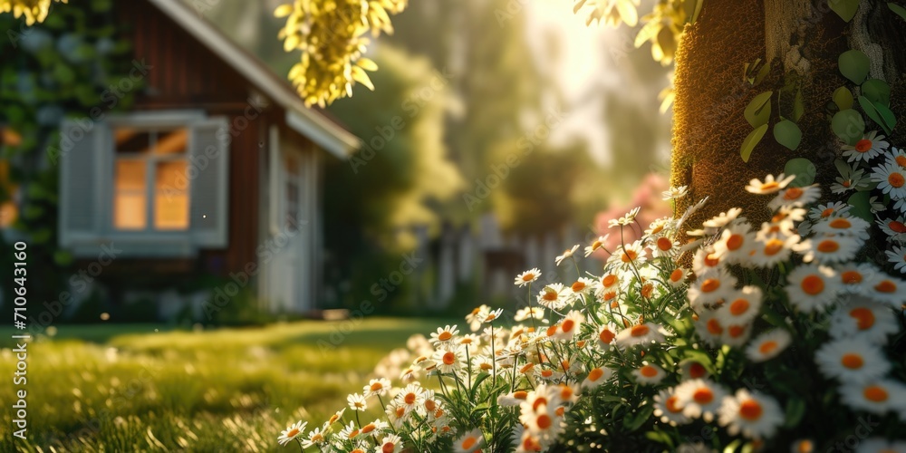 A beautiful arrangement of white and orange flowers displayed in front of a house. Perfect for adding a touch of color and elegance to any setting