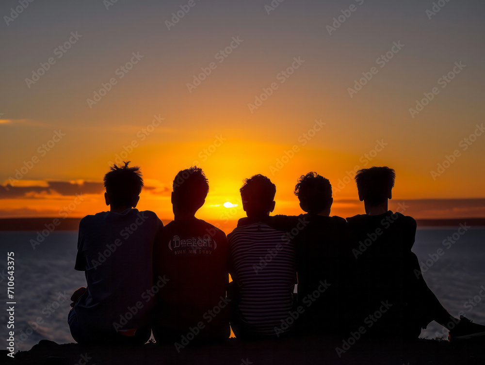 Silhouette of a group of friends sitting on the edge of a cliff watching the sunset Silhouette of a group of friends sitting on the edge of a cliff watching the sunset