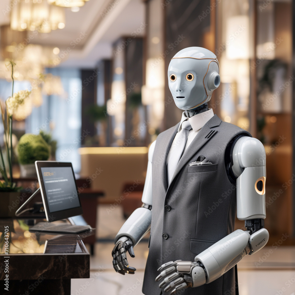 Robot receptionist in a hotel. Robot receptionist in a hotel.