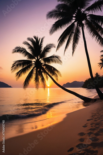 Silhouette of tropical beach during sunset twilight, seascape of summer beach and palm tree at sunset