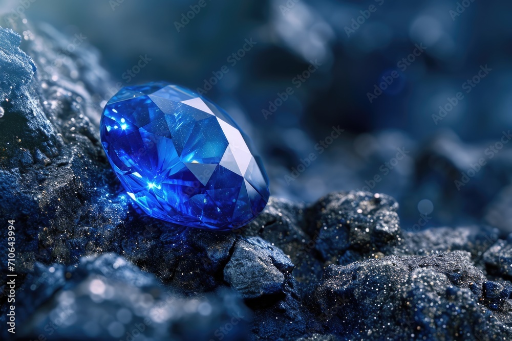 A stunning blue diamond perched atop a rugged pile of rocks. Perfect for jewelry or gemstone related projects A stunning blue diamond perched atop a rugged pile of rocks. Perfect for jewelry or gemstone related projects