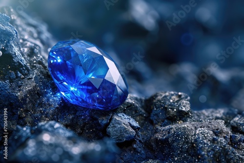 A stunning blue diamond perched atop a rugged pile of rocks. Perfect for jewelry or gemstone related projects
