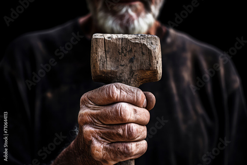 Old persons hand, holding rustic hammer.