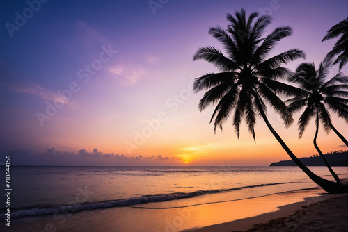 Silhouette of tropical beach during sunset twilight  seascape of summer beach and palm tree at sunset