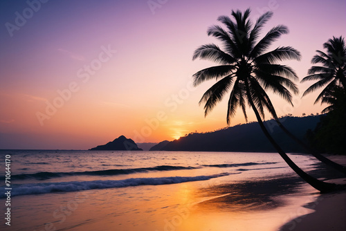 Silhouette of tropical beach during sunset twilight, seascape of summer beach and palm tree at sunset © Giuseppe Cammino