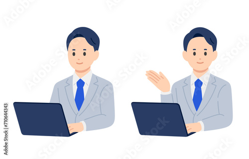 パソコンを見る･案内のポーズをするビジネスパーソン男性のセット【人物ベクターイラスト素材】