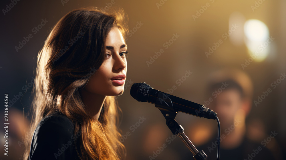 Singer at a concert with a microphone in her hands Singer at a concert with a microphone in her hands
