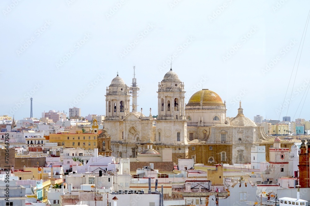 Cádiz Cathedral seen from Torre Tavira, Roman Catholic church in Cádiz, southern Spain, and the seat of the Diocese of Cadiz y Ceuta, Catedral de la Santa Cruz de Cádiz, Andalusia, Spain