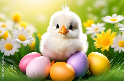 Cute little chick sitting on colorful Easter eggs on a green meadow with yellow spring flowers, Easter greeting card © pavkis