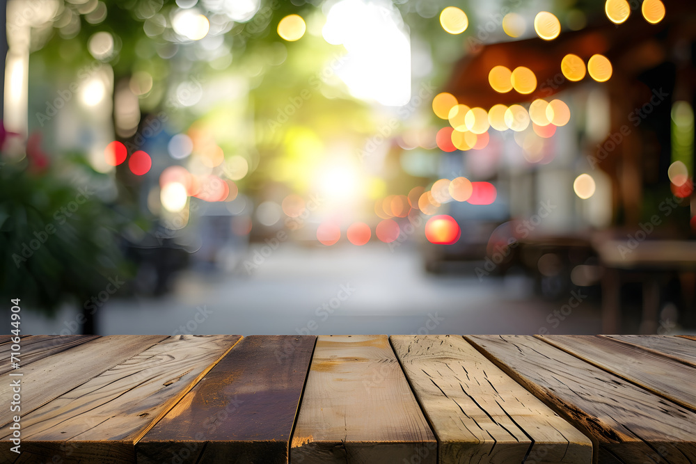 Wooden table in outdoor restaurant with blurred background Wooden table in outdoor restaurant with blurred background