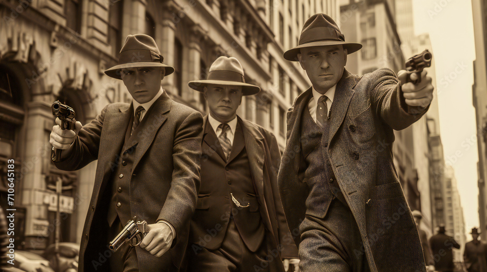 A group of 1920s armed gangsters on the street A group of 1920s armed gangsters on the street