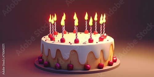 Sweet beautifully decorated cake with candles, birthday party, background, wallpaper.