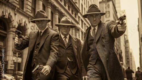A group of 1920s armed gangsters on the street photo
