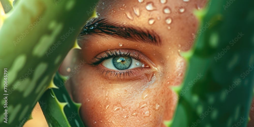 Young beautiful womans face behind aloe vera plant with water drops - obrazy, fototapety, plakaty 