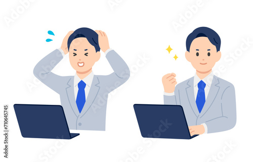 パソコンを見て焦る･ガッツポーズをするビジネスパーソン男性のセット【人物ベクターイラスト素材】