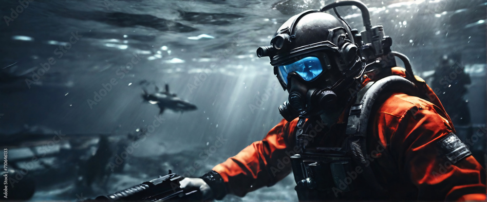 cyborg soldier fighting in underwater in ocean zone using weapon underwater conquer the seas with battleships, warships, and frigates in an epic battle of the oceans cyborg soldier fighting in underwater in ocean zone using weapon underwater conquer the seas with battleships, warships, and frigates in an epic battle of the oceans