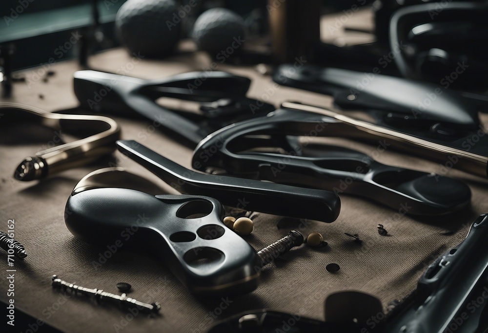 Golf club making Golf club components on a work desk or work bench Focus is on black ferrule parts I