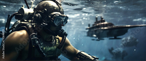 cyborg soldier fighting in underwater in ocean zone using weapon underwater conquer the seas with battleships, warships, and frigates in an epic battle of the oceans