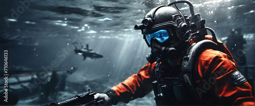 Billede på lærred cyborg soldier fighting in underwater in ocean zone using weapon underwater conq