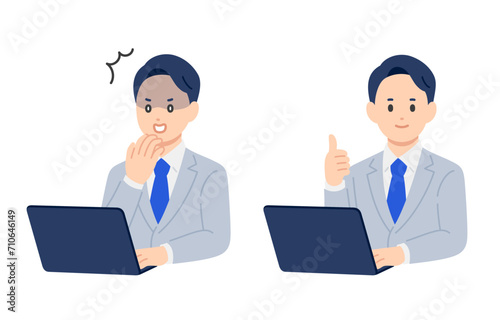パソコンを見てショック･グッドのポーズをするビジネスパーソン男性のセット【人物ベクターイラスト素材】
