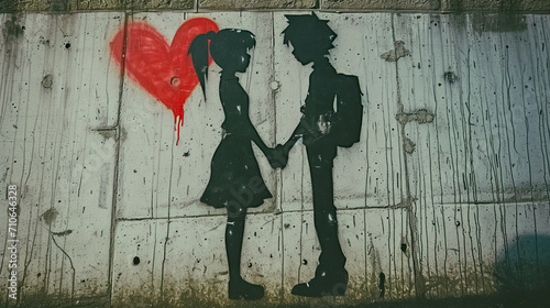 Silhouetted Lovers with Heart Graffiti