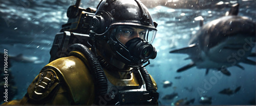 cyborg soldier fighting in underwater in ocean zone using weapon underwater conquer the seas with battleships, warships, and frigates in an epic battle of the oceans