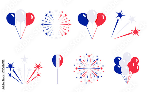 Firework and balloon icon set of France flag color