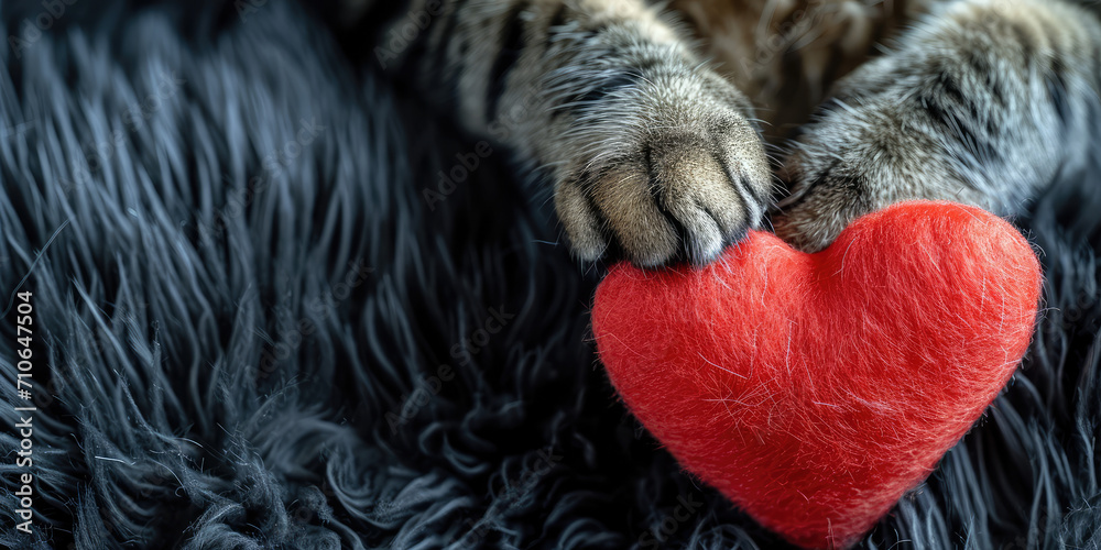 Tabby Cat Holding Red Heart. Close-up of a tabby cat with a fuzzy red heart toy between its paws, expressing affection wallpaper. - obrazy, fototapety, plakaty 