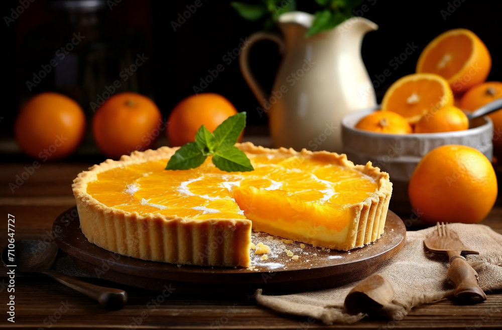 a pie with a slice missing on a plate next to oranges and a pitcher of tea on a table, generative ai a pie with a slice missing on a plate next to oranges and a pitcher of tea on a table, generative ai