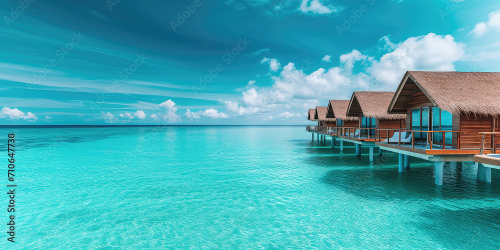 Tropical Resort Paradise with Overwater Bungalows, copy space for simple banner. Panoramic view of luxury overwater bungalows with thatched roofs in a tropical island resort, serene blue ocean water.
