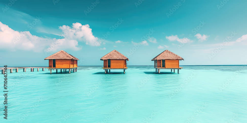 Tropical Resort Paradise with Overwater Bungalows, copy space for simple banner. Panoramic view of luxury overwater bungalows with thatched roofs in a tropical island resort, serene blue ocean water.
