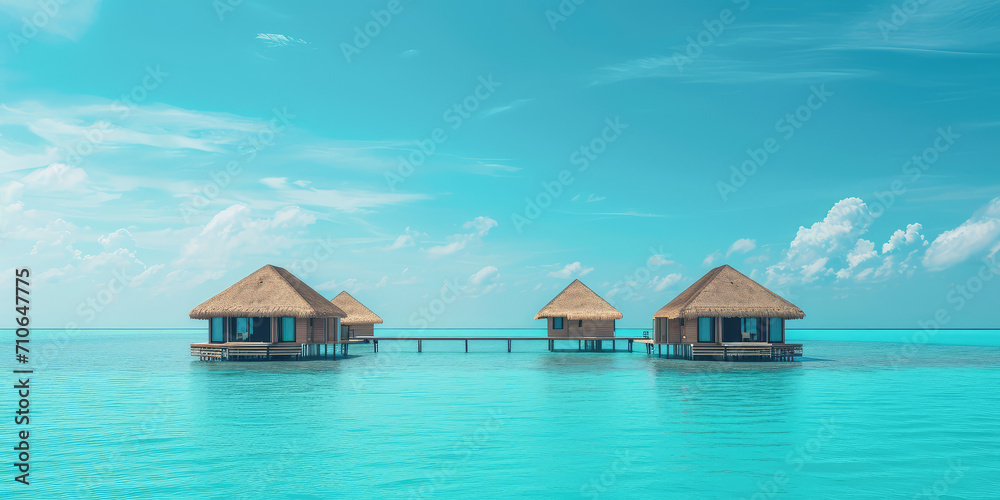 Tropical Resort Paradise with Overwater Bungalows, copy space for banner. Panoramic view of luxury overwater bungalows with thatched roofs in a tropical island resort, serene blue ocean water.