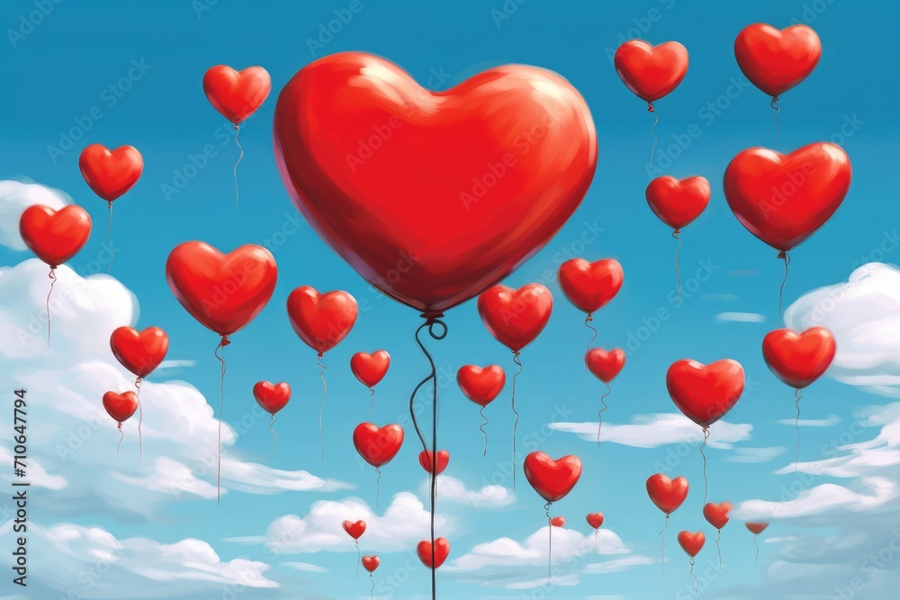 Red hearts balloons on blue sky