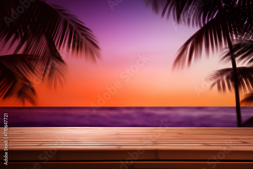 Tropical Sunset Serenity: Wooden Deck Overlooking Calm Sea with Silhouetted Palm Trees and Gradient Sky Background - Tranquil Nature Scenery for Relaxation and Meditation